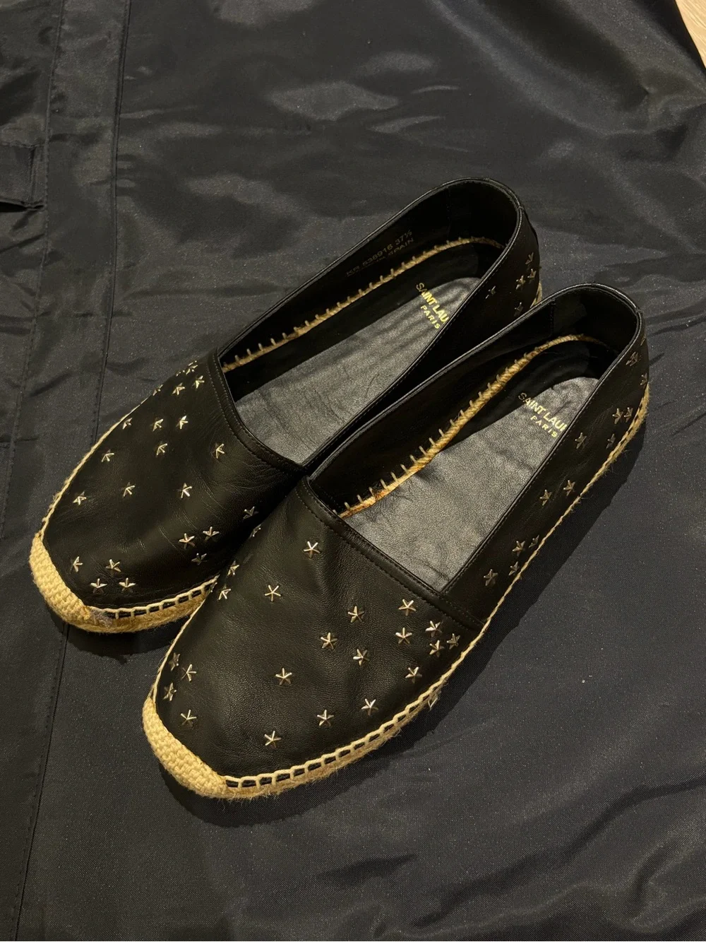 Saint Laurent Black Leather Espadrilles with Gold Star Stitching